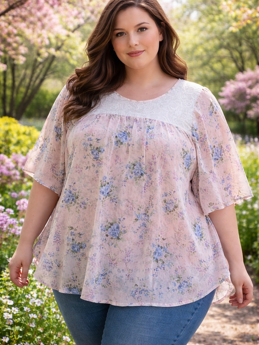 living doll Pink Floral Lace-Yoke Flutter Sleeve Blouse
